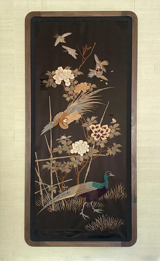 Early 20th Century Embroidered Chinese/Oriental Silk Screen (Framed, 2/3)